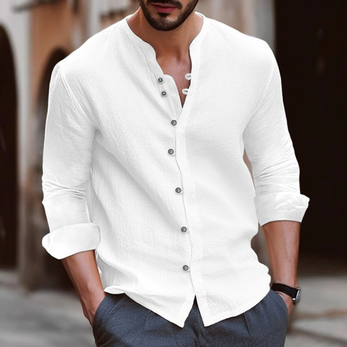 Retror Men's Casual Cotton Linen Shirt Solid V-Neck Long Shirt
