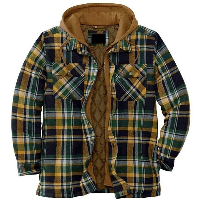 Men Coat Quilted Lined Button Down Plaid Warm Jacket Male Hood Outerwear