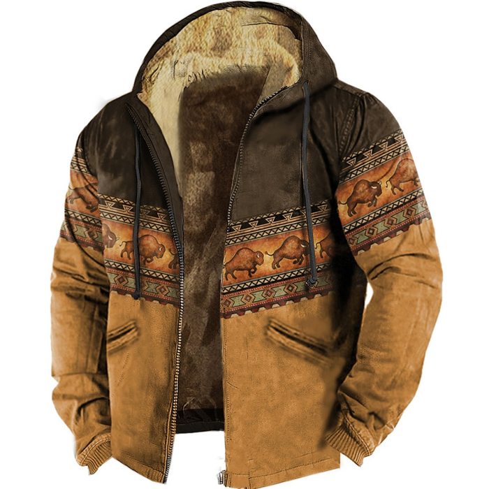 Men's Zipper Hoodies Bison Pattern Print Casual  Sweatshirt Casual Hooded Jacket Outerwear