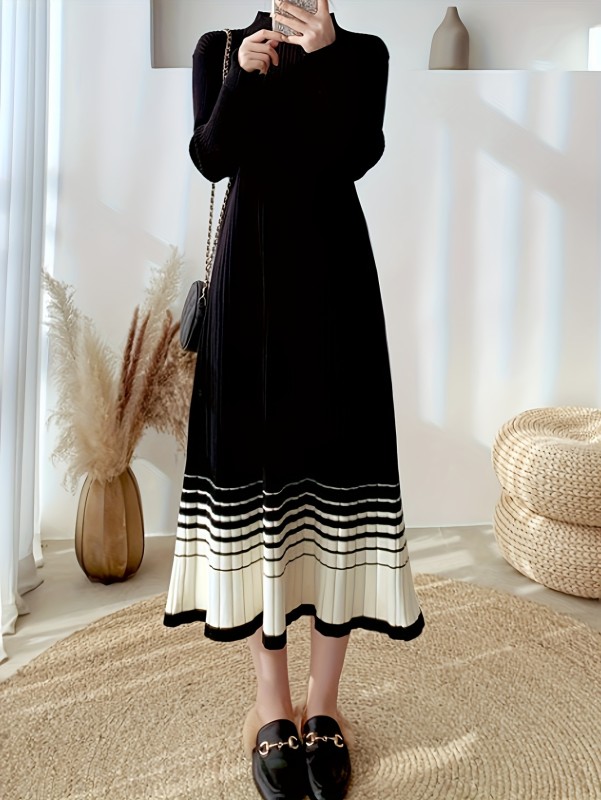 Color Block Long Sleeve Knit Dress, Chic Mock Neck Dress For Fall & Winter, Women's Clothing