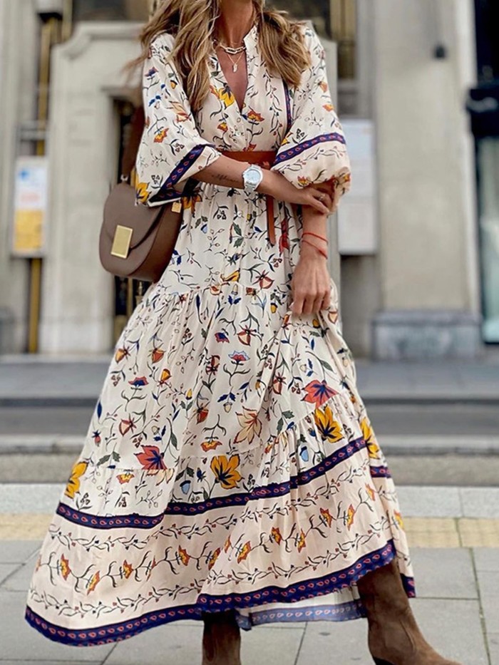 Women's Bohemian Long Dress With Split Belt And Vintage Print