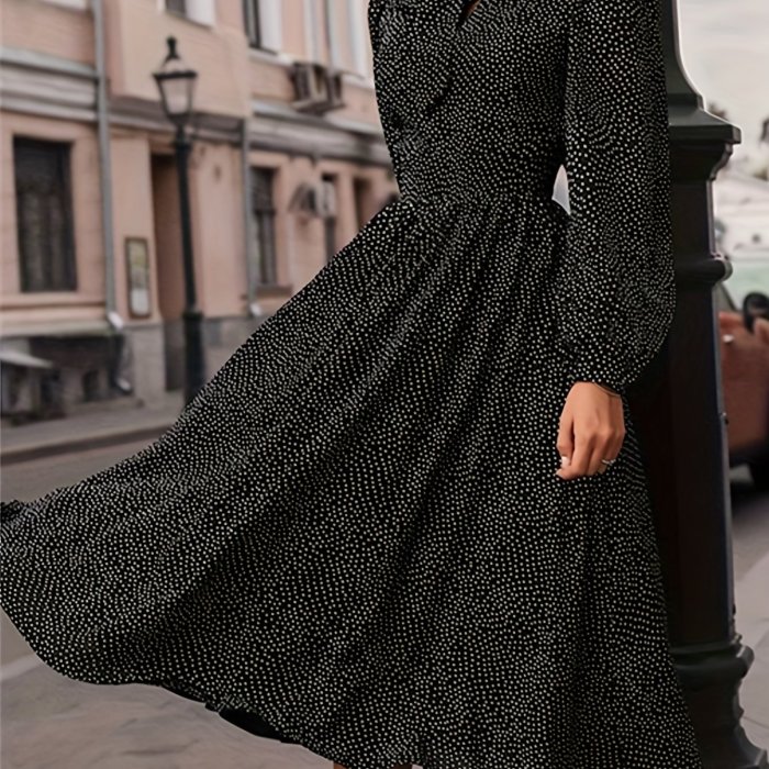 Polka Dot Print Bow Tie Dress, Elegant Long Sleeve Slim Waist Flare Dress, Women's Clothing