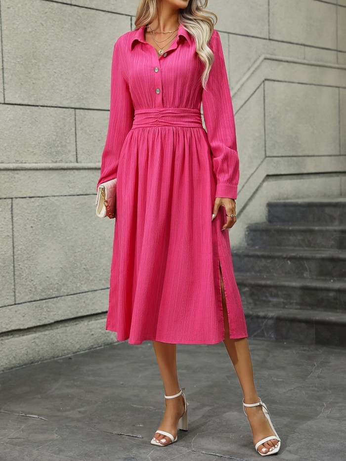 Button Front Split Dress, Elegant Long Sleeve Party Midi Dress, Women's Clothing