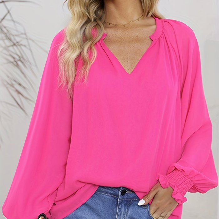 V-neck Shirred Cuff Blouse, Casual Long Sleeve Blouse For Spring & Fall, Women's Clothing
