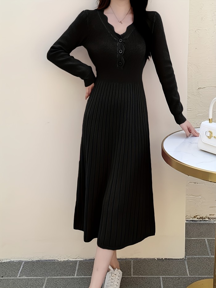 Button Front V-neck Sweater Dress, Solid Long Sleeve Dress, Women's Clothing