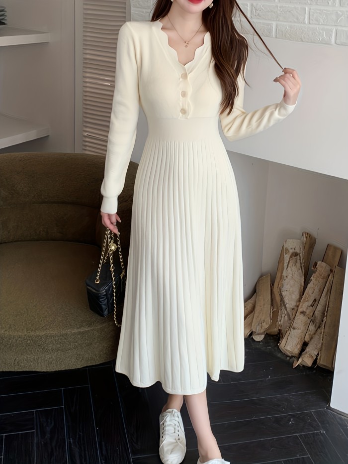 Button Front V-neck Sweater Dress, Solid Long Sleeve Dress, Women's Clothing