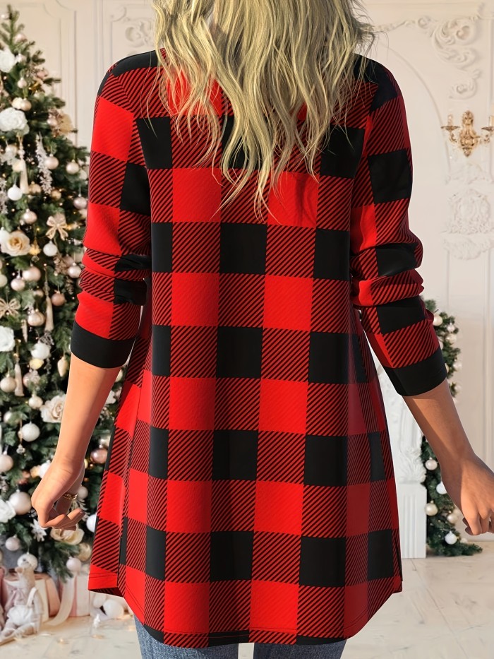 Plaid Print Open Front Cardigan, Casual Long Sleeve Cover Up Cardigan, Women's Clothing