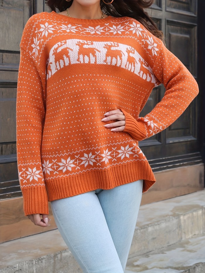 Snowflake & Elk Pattern Drop Shoulder Pullover Sweater, Christmas Vintage Long Sleeve Sweater For Fall & Winter, Women's Clothing