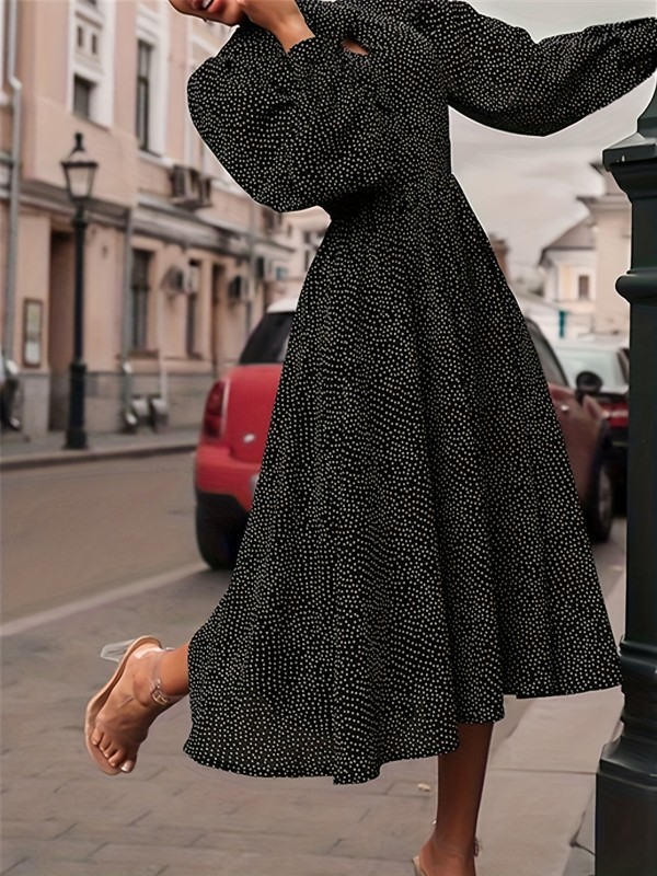 Polka Dot Print Bow Tie Dress, Elegant Long Sleeve Slim Waist Flare Dress, Women's Clothing