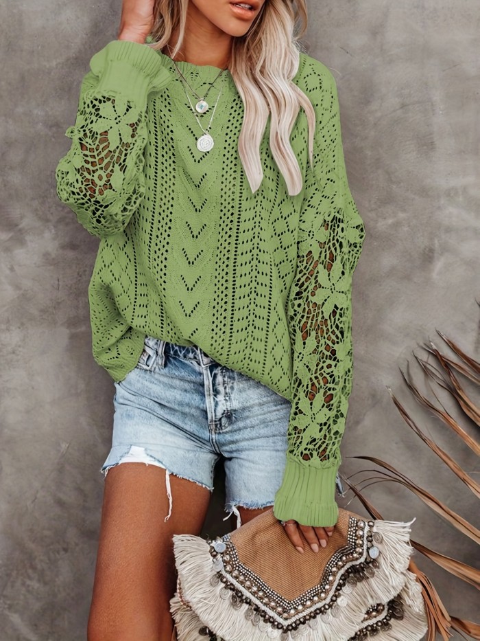 Contrast Lace Eyelet Knit Sweater, Casual Crew Neck Long Sleeve Sweater, Women's Clothing