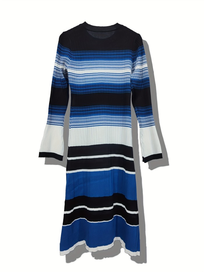 Striped Print Long Sleeve Knit Dress, Chic Crew Neck A-line Dress For Fall & Winter, Women's Clothing