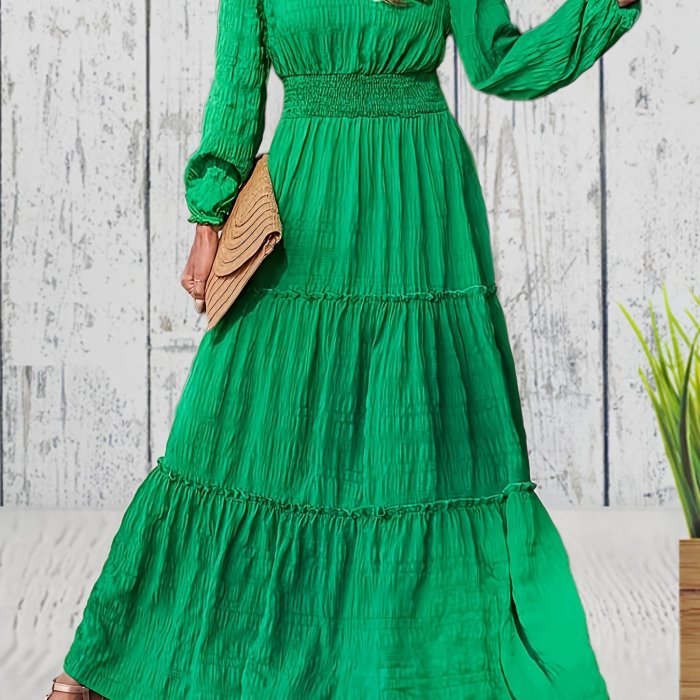 Solid Tiered Dress, Elegant Shirred Waist Lettuce Trim Long Sleeve Dress, Women's Clothing