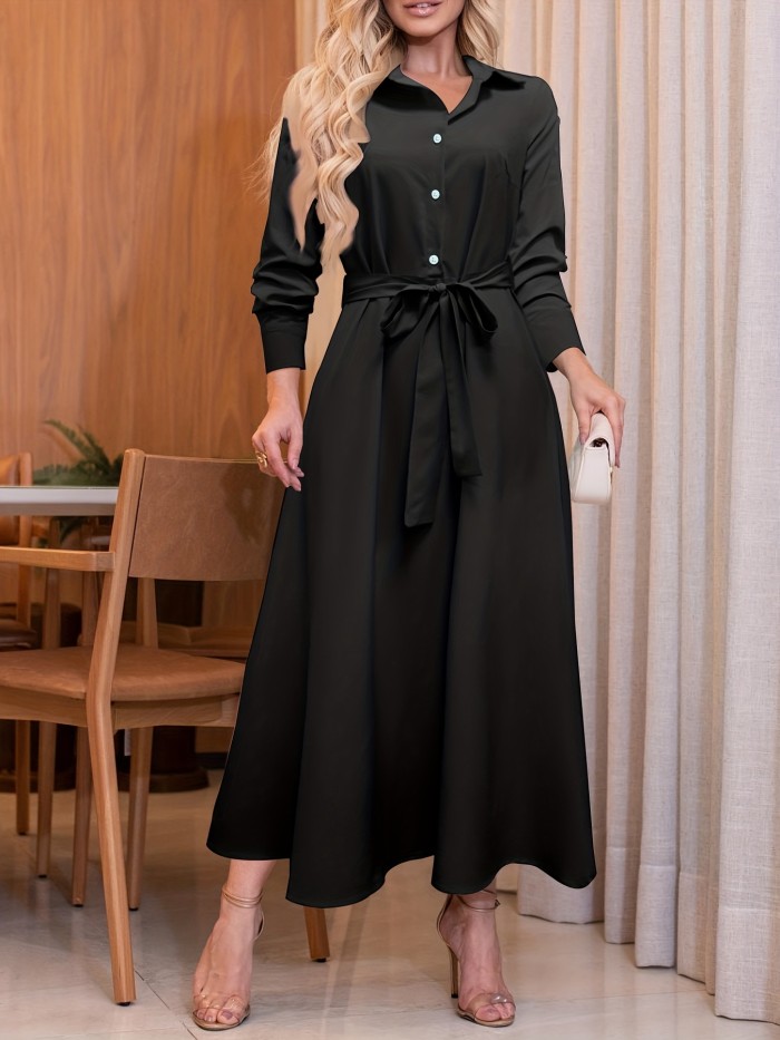 Shirt Collar Maxi Dress, Long Sleeve Solid Casual Dress, Women's Clothing