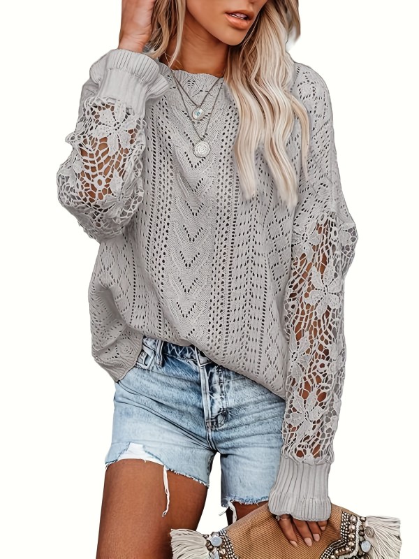 Contrast Lace Eyelet Knit Sweater, Casual Crew Neck Long Sleeve Sweater, Women's Clothing