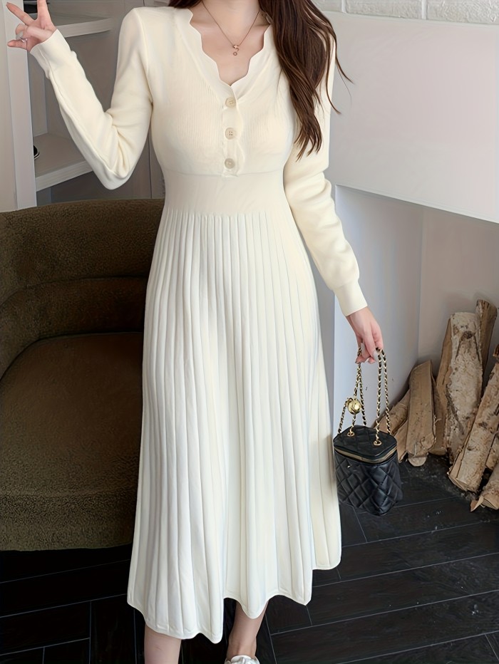 Button Front V-neck Sweater Dress, Solid Long Sleeve Dress, Women's Clothing