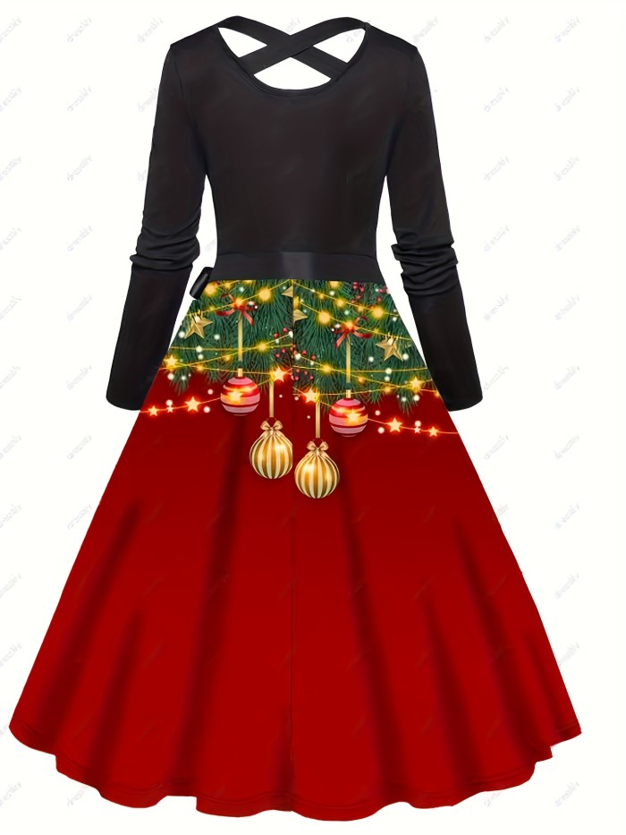 Christmas Graphic Print Dress, Casual Criss Cross Long Sleeve Dress, Women's Clothing