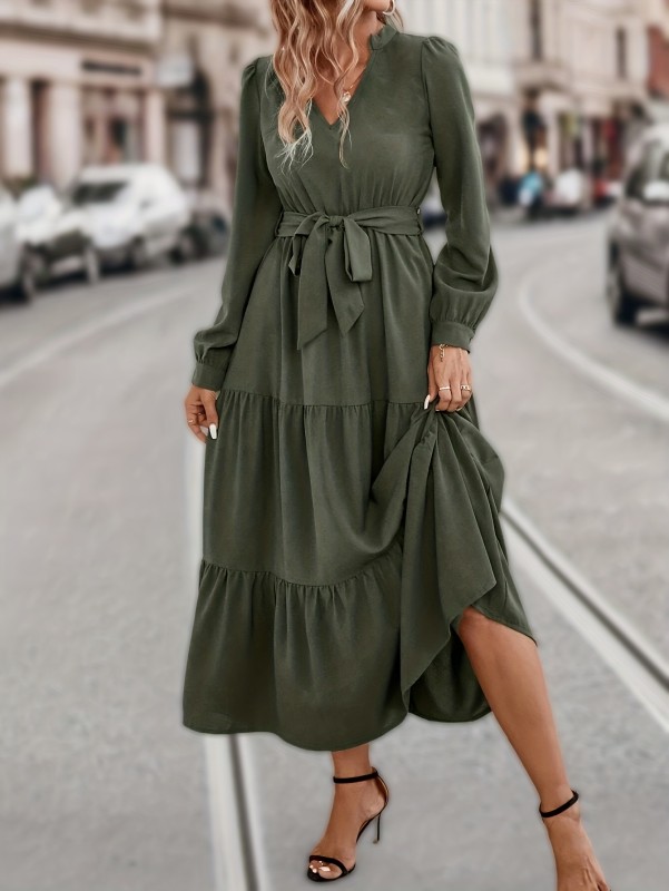 Tiered Maxi Dress, Casual V Neck Long Sleeve Solid Dress, Women's Clothing