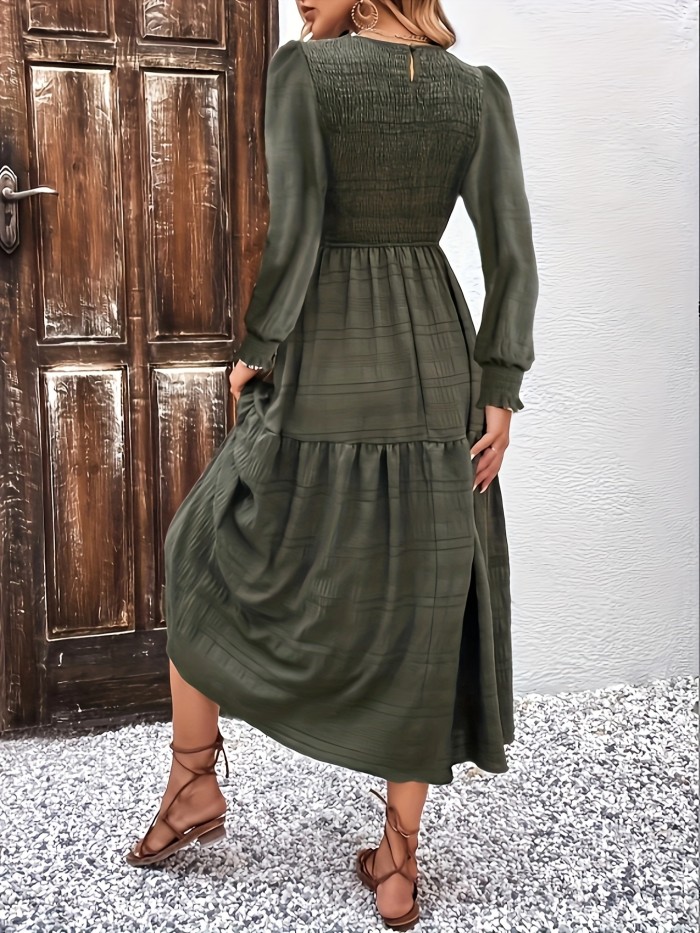 Textured Shirred Dress, Elegant Long Sleeve Solid Midi Dress, Women's Clothing