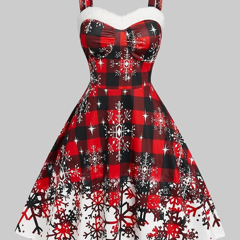 Women's Vintage Christmas Daily Dresses Sleeveless V-Neck Snowflake Print Flared Cocktail Party Dress