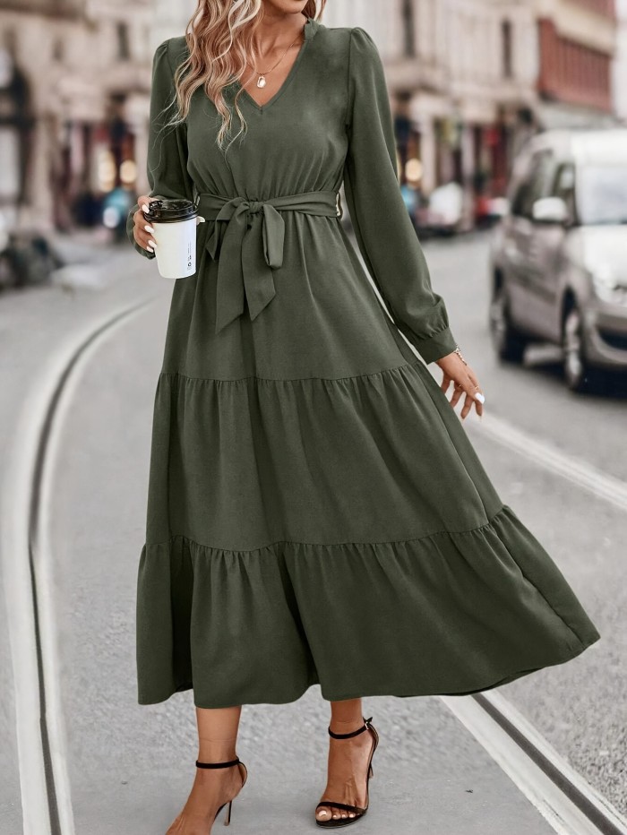 Tiered Maxi Dress, Casual V Neck Long Sleeve Solid Dress, Women's Clothing