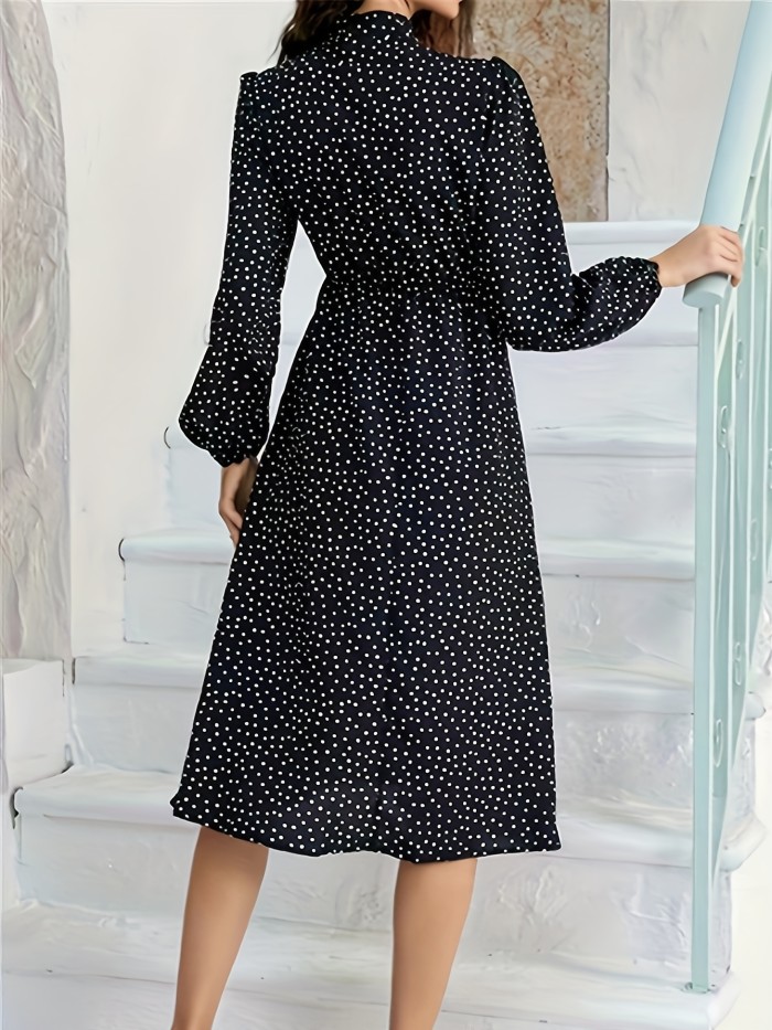 Polka Dot Print Bow Tie Dress, Elegant Long Sleeve Slim Waist Flare Dress, Women's Clothing