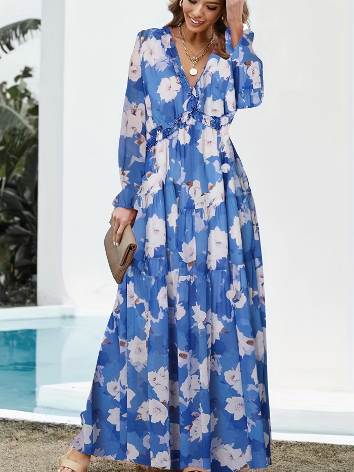 Floral Print Pleated Dress, Vacation V Neck Long Sleeve Maxi Dress, Women's Clothing