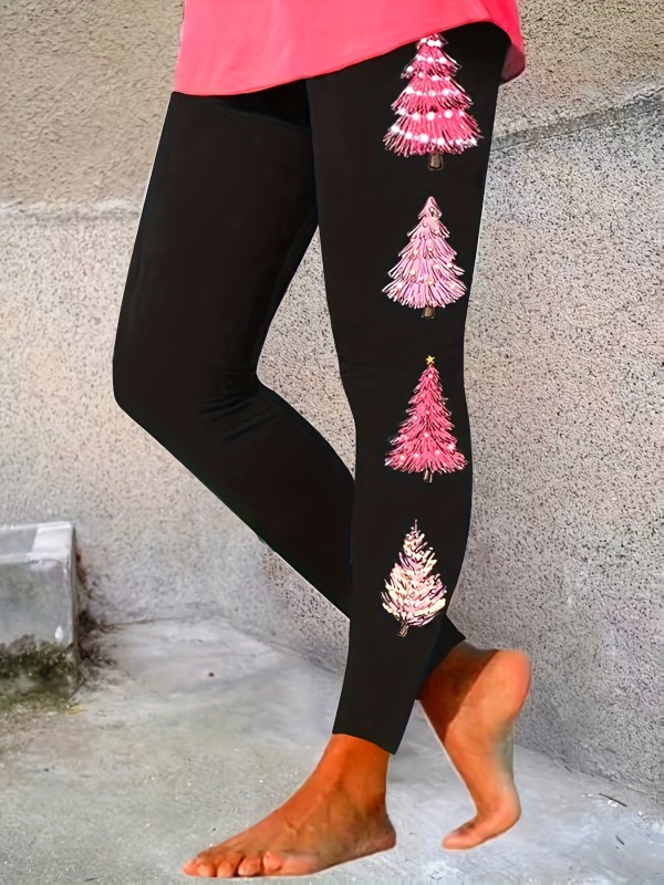 Christmas Tree Print Skinny Leggings, Casual Elastic Waist Stretchy Leggings, Women's Clothing