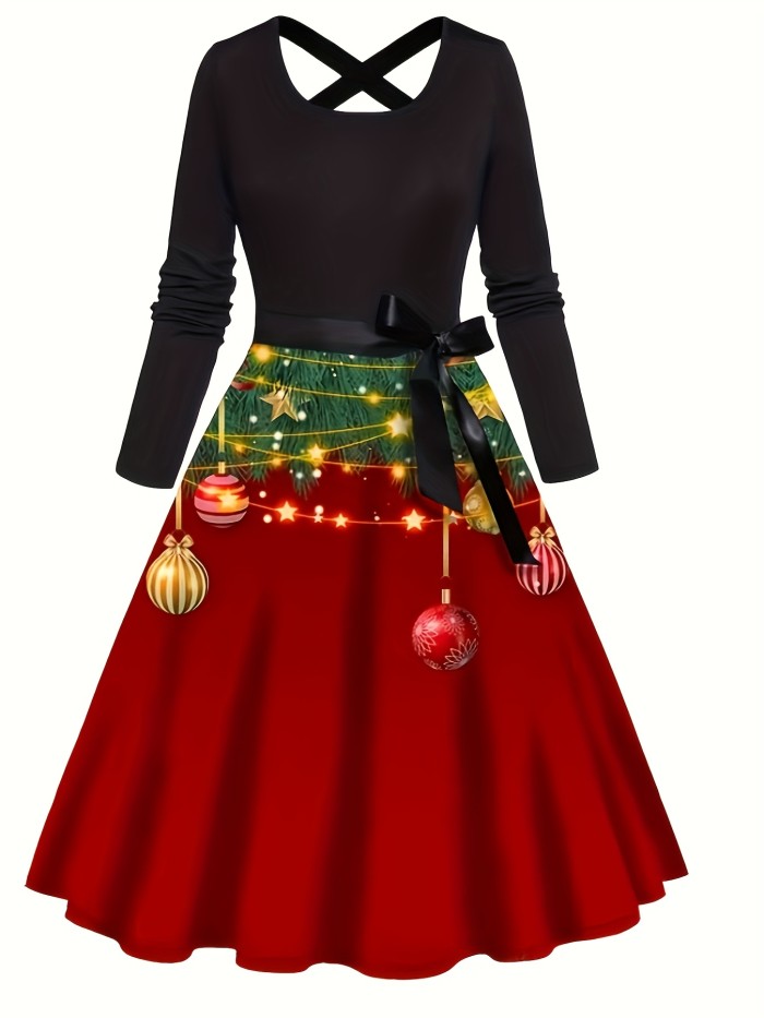 Christmas Graphic Print Dress, Casual Criss Cross Long Sleeve Dress, Women's Clothing