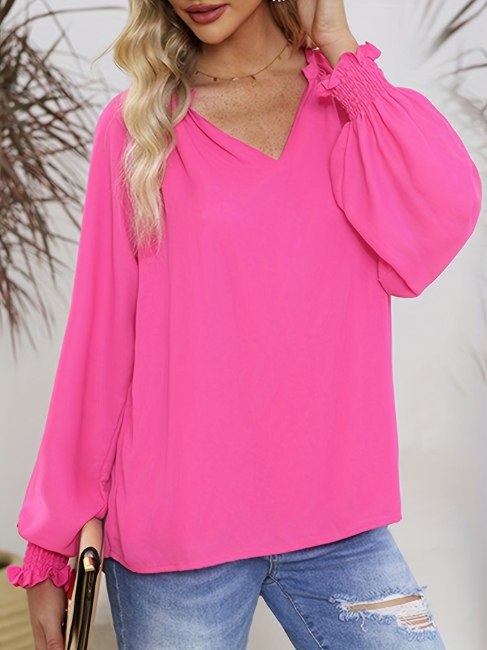 V-neck Shirred Cuff Blouse, Casual Long Sleeve Blouse For Spring & Fall, Women's Clothing