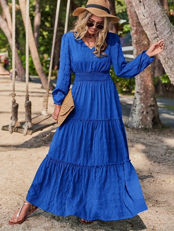Solid V-neck Textured Maxi Dress, Vacation Style Smocked Long Sleeve Dress, Women's Clothing