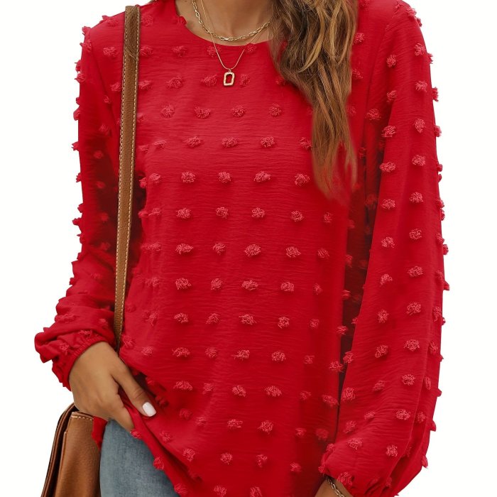 Plus Size Casual Top, Women's Plus Swiss Dot Long Sleeve Round Neck Slight Stretch Tunic Top
