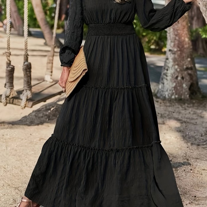 Solid Tiered Dress, Elegant Shirred Waist Lettuce Trim Long Sleeve Dress, Women's Clothing