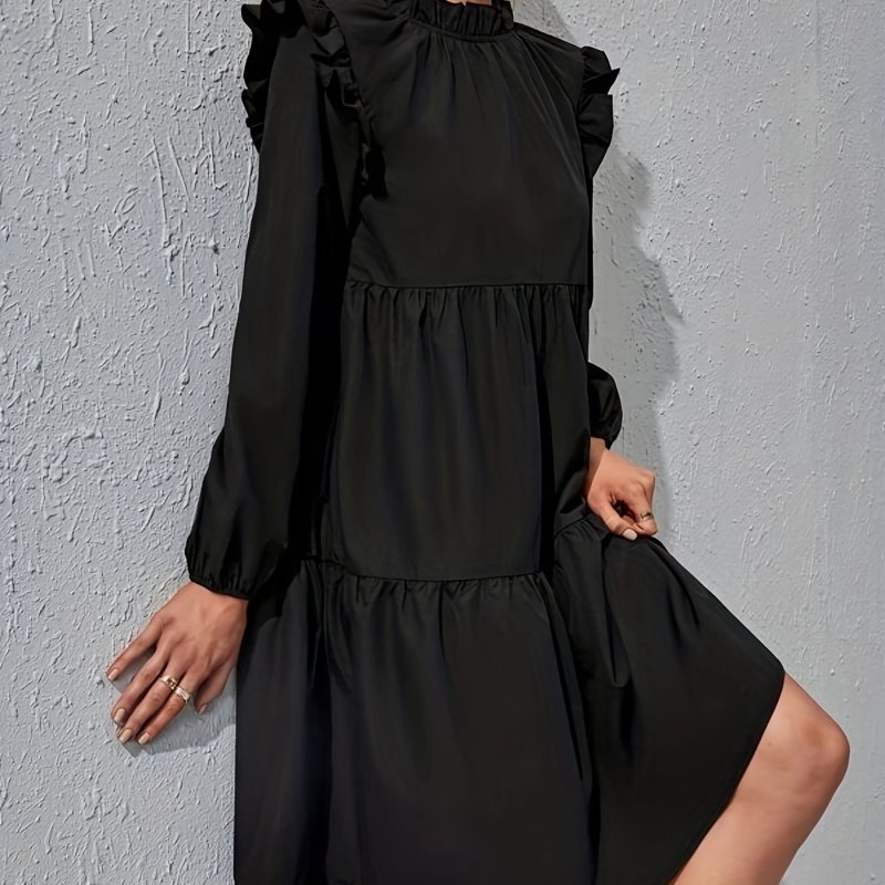 Solid Ruffle Hem Tiered Dress, Casual Lantern Sleeve Dress For Spring & Fall, Women's Clothing