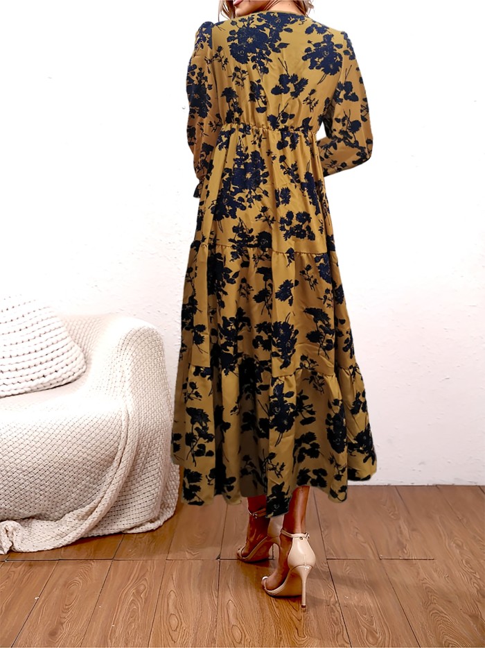 Paisley Print High Waist Dress, Vintage Crew Neck Long Sleeve Maxi Dress, Women's Clothing