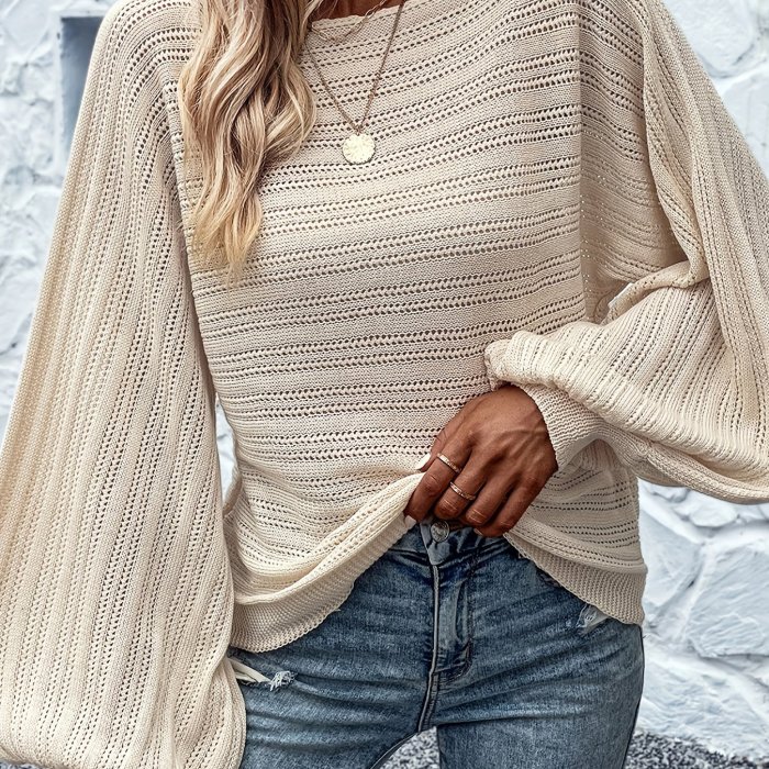 Solid Boat Neck Pointelle Knit Sweater, Casual Lantern Sleeve Novelty Blouses & Shirts