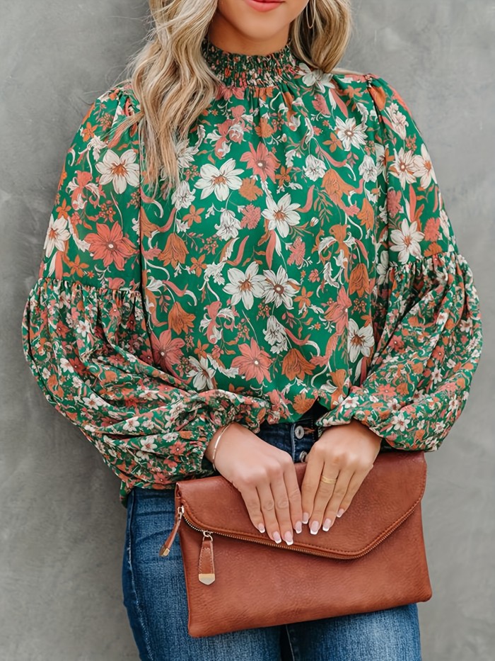 Floral Print Lantern Sleeve Blouse, Casual Mock Neck Blouse For Spring & Fall, Women's Clothing