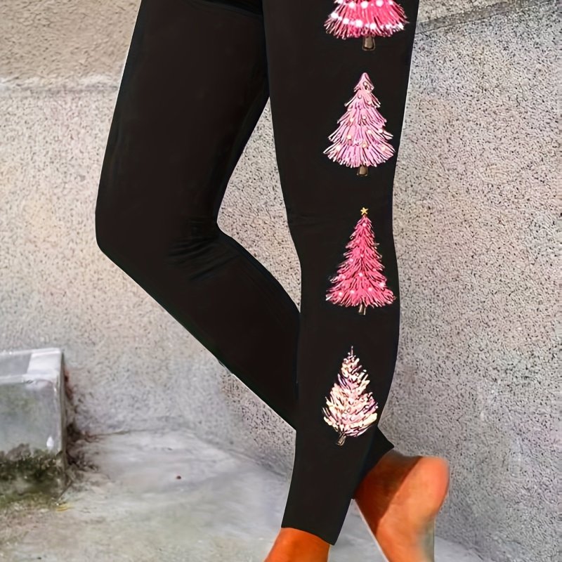 Christmas Tree Print Skinny Leggings, Casual Elastic Waist Stretchy Leggings, Women's Clothing