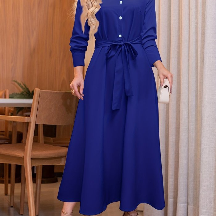 Shirt Collar Maxi Dress, Long Sleeve Solid Casual Dress, Women's Clothing