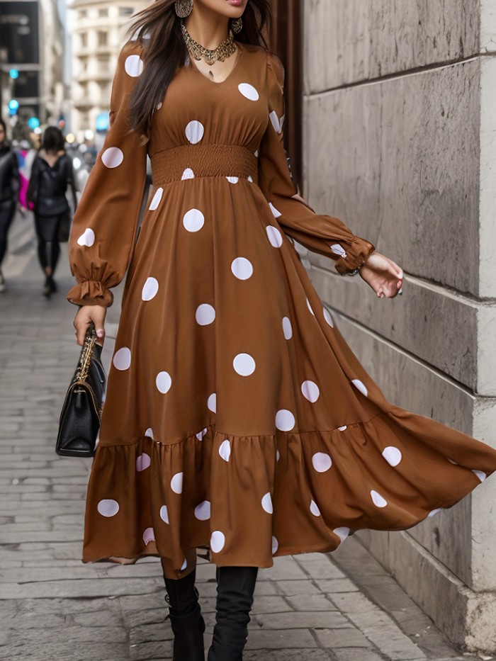 Polka Dot Print Shirred Waist Dress, Casual V Neck Long Sleeve Ruffle Hem Dress, Women's Clothing