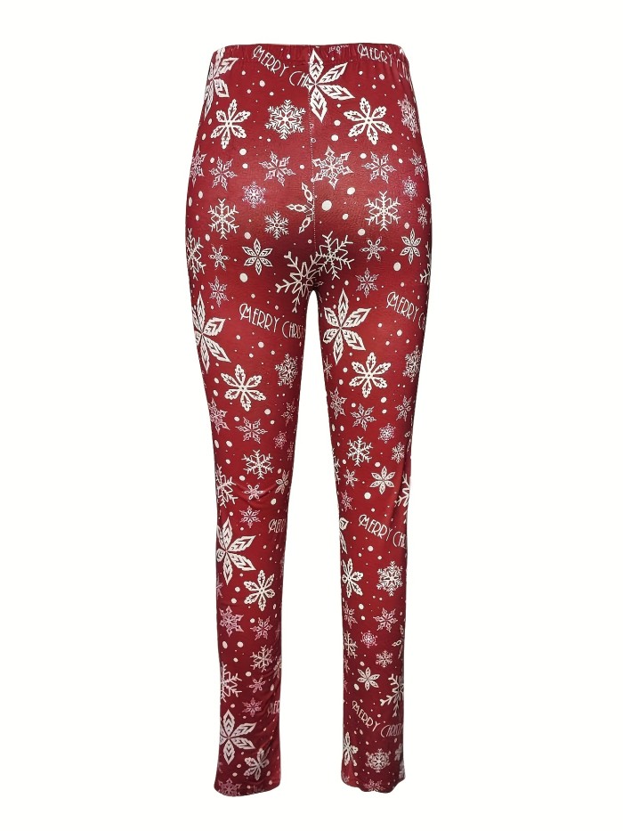 Christmas Snowflake & Letter Print Leggings, Casual Every Day Stretchy Leggings, Women's Clothing