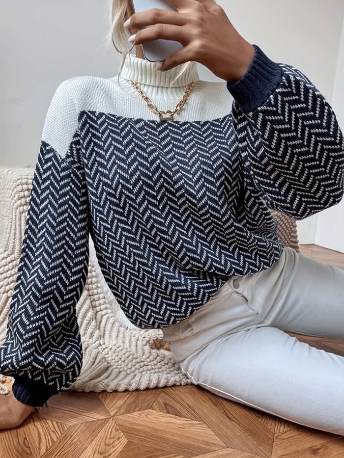 Color Block Striped Pullover Sweater, Casual Turtle Neck Long Sleeve Loose Sweater, Women's Clothing