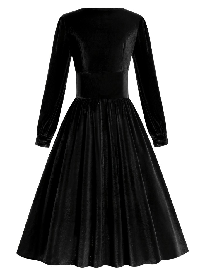 Solid Pleated Dress, Vintage Squared Neck Long Sleeve Party Dress, Women's Clothing