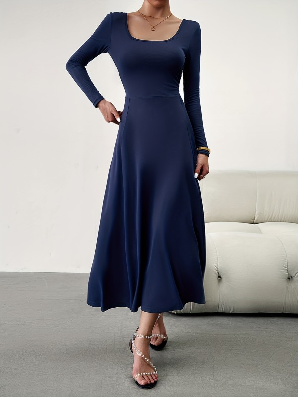 Solid Simple Dress, Elegant Squared Neck Long Sleeve Maxi Dress, Women's Clothing