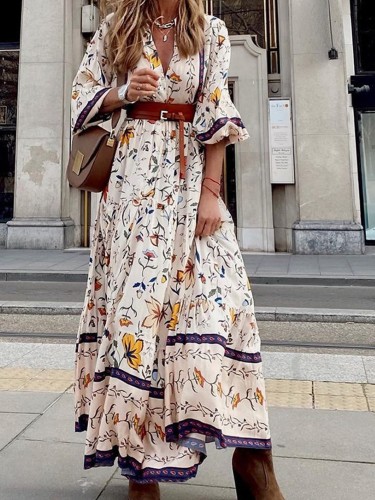 Women's Bohemian Long Dress With Split Belt And Vintage Print