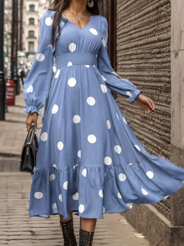 Polka Dot Print Shirred Waist Dress, Casual V Neck Long Sleeve Ruffle Hem Dress, Women's Clothing