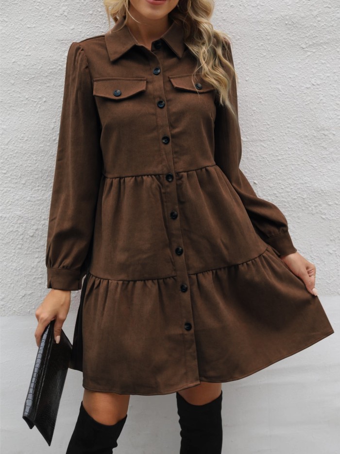 Casual Solid Button Down Dress, Turn Down Collar Long Sleeve Dress For Fall & Winter