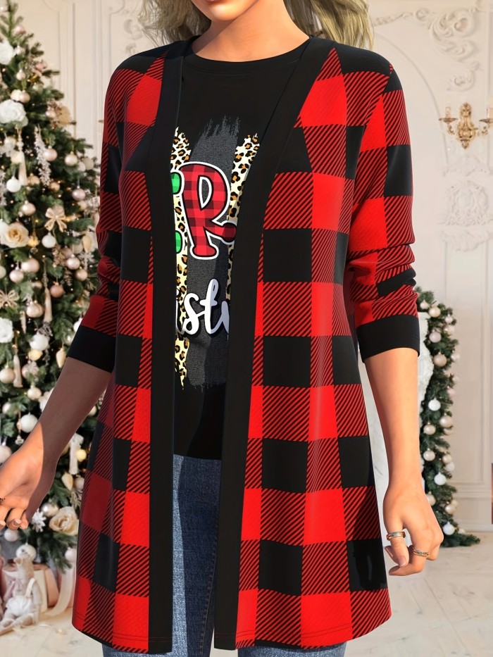 Plaid Print Open Front Cardigan, Casual Long Sleeve Cover Up Cardigan, Women's Clothing