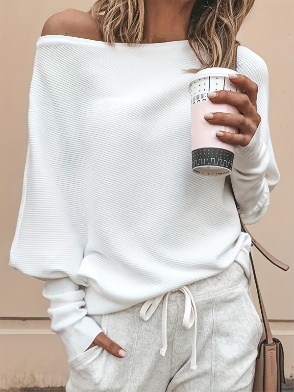 Solid Off Shoulder Pullover Sweater, Casual Long Batwing Sleeve Sweater For Spring & Fall, Women's Clothing