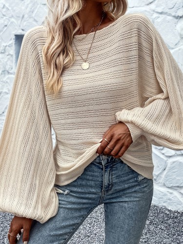 Solid Boat Neck Pointelle Knit Sweater, Casual Lantern Sleeve Novelty Blouses & Shirts