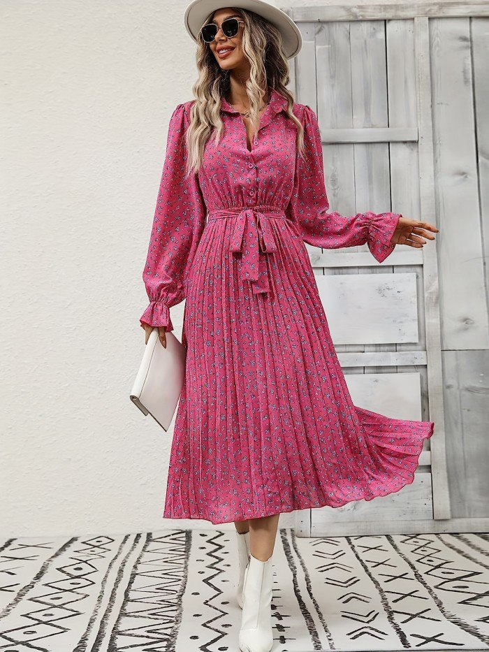 Floral Print Button Belted Pleated Dress, Elegant Flounce Sleeve Midi Dress, Women's Clothing